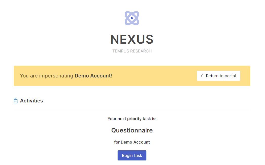 Impersonation view of the participant dashboard.