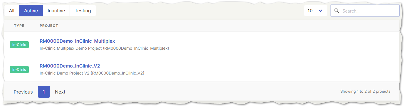 Figure 1: The projects table.